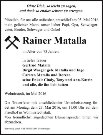 Traueranzeige von Rainer Matalla  von Magdeburger Volksstimme