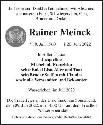 Traueranzeige von Rainer Meinck  von Magdeburger Volksstimme
