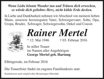 Traueranzeige von Rainer Mertel  von Magdeburger Volksstimme