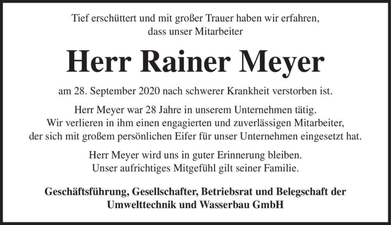  Traueranzeige für Rainer Meyer  vom 10.10.2020 aus Magdeburger Volksstimme