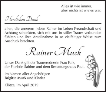 Traueranzeige von Rainer Muck  von Magdeburger Volksstimme