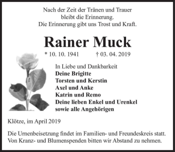 Traueranzeige von Rainer Muck  von Magdeburger Volksstimme