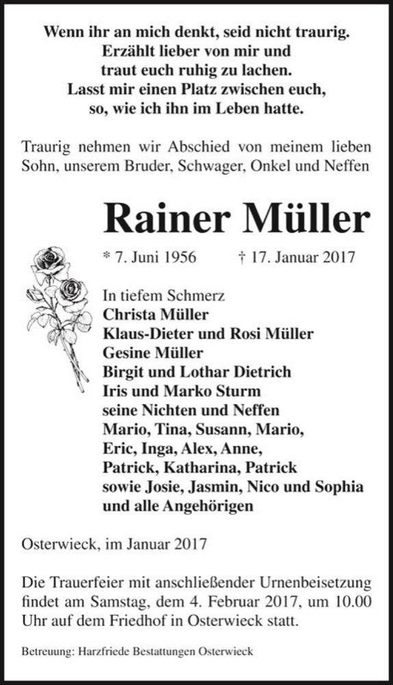  Traueranzeige für Rainer Müller  vom 25.01.2017 aus Magdeburger Volksstimme