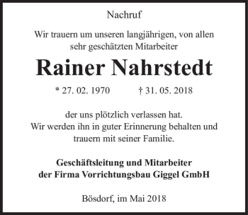 Traueranzeige von Rainer Nahrstedt  von Magdeburger Volksstimme