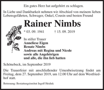 Traueranzeige von Rainer Nimbs  von Magdeburger Volksstimme