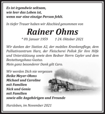 Traueranzeige von Rainer Ohms  von Magdeburger Volksstimme