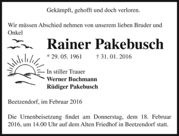 Traueranzeige von Rainer Pakebusch  von Magdeburger Volksstimme