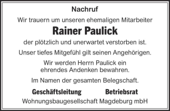 Traueranzeige von Rainer Paulick  von Magdeburger Volksstimme
