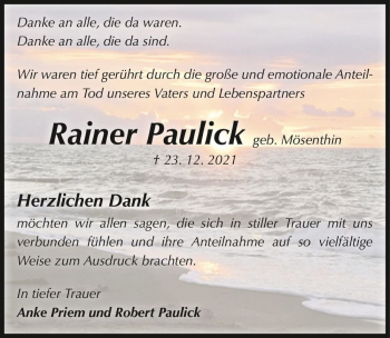 Traueranzeige von Rainer Paulick (geb. Mösenthin)  von Magdeburger Volksstimme
