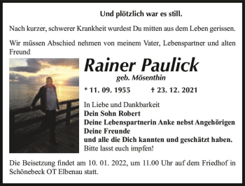 Traueranzeige von Rainer Paulick (geb. Mösenthin)  von Magdeburger Volksstimme