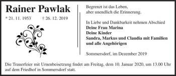 Traueranzeige von Rainer Pawlak  von Magdeburger Volksstimme