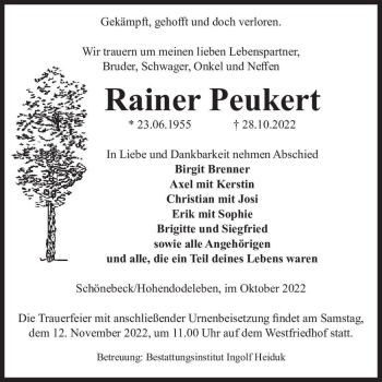 Traueranzeige von Rainer Peukert  von Magdeburger Volksstimme