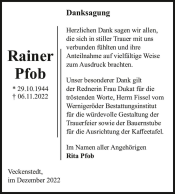 Traueranzeige von Rainer Pfob  von Magdeburger Volksstimme