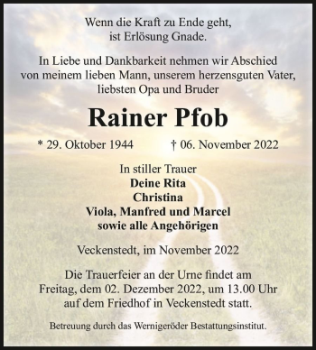 Traueranzeige von Rainer Pfob  von Magdeburger Volksstimme