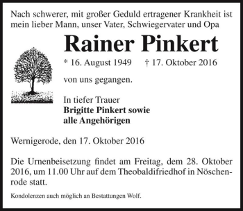 Traueranzeige von Rainer Pinkert  von Magdeburger Volksstimme
