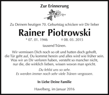 Traueranzeige von Rainer Piotrowski  von Magdeburger Volksstimme