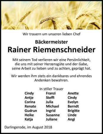 Traueranzeige von Rainer Riemenschneider  von Magdeburger Volksstimme