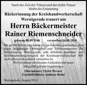 Traueranzeige von Rainer Riemenschneider  von Magdeburger Volksstimme