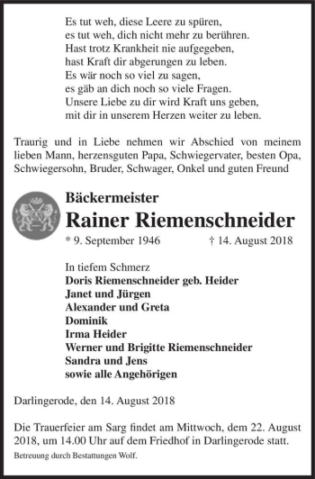 Traueranzeige von Rainer Riemenschneider  von Magdeburger Volksstimme