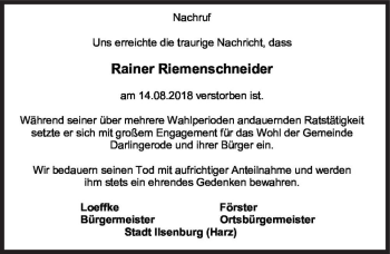 Traueranzeige von Rainer Riemenschneider  von Magdeburger Volksstimme
