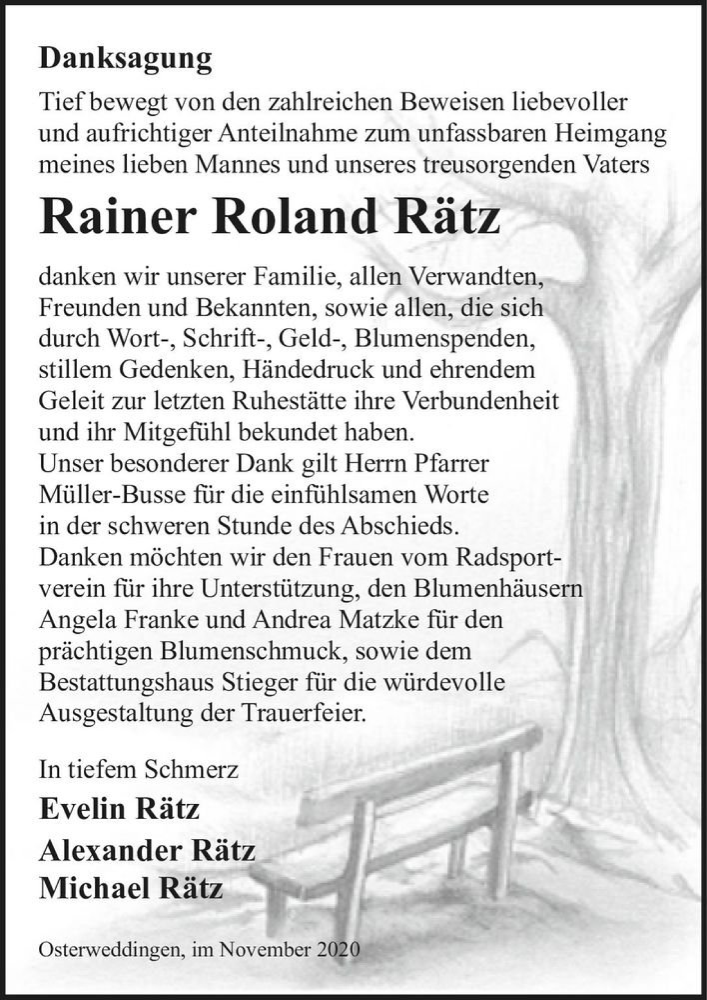  Traueranzeige für Rainer Roland Rätz  vom 07.11.2020 aus Magdeburger Volksstimme