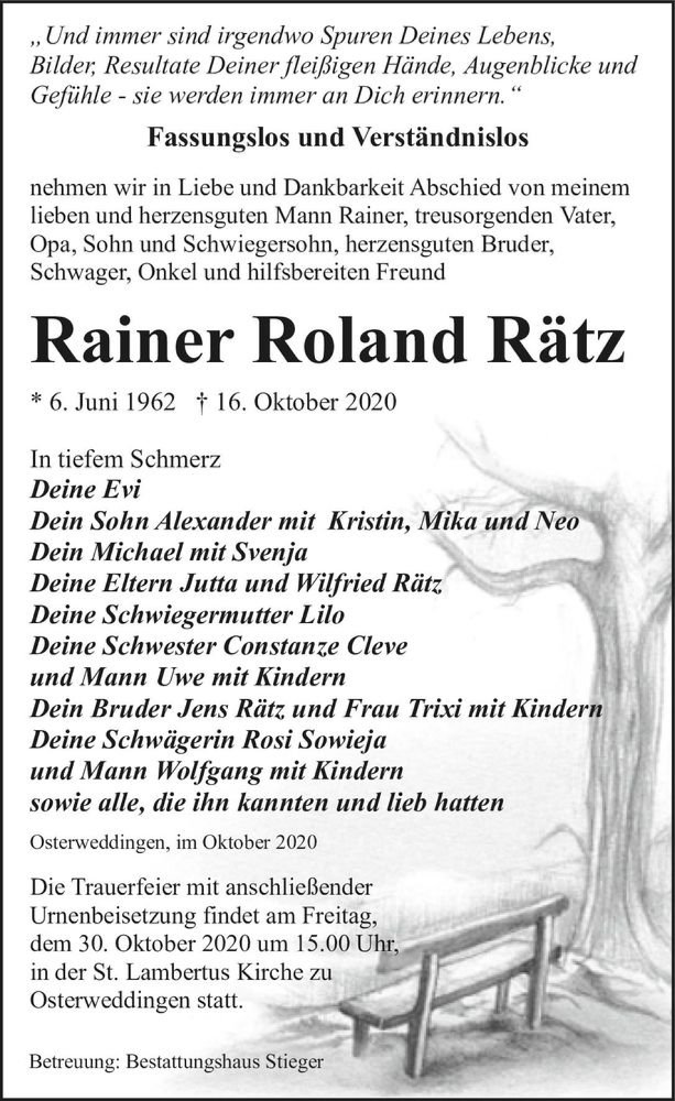  Traueranzeige für Rainer Roland Rätz  vom 24.10.2020 aus Magdeburger Volksstimme