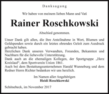 Traueranzeige von Rainer Roschkowski  von Magdeburger Volksstimme