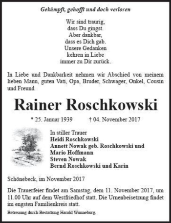 Traueranzeige von Rainer Roschkowski  von Magdeburger Volksstimme