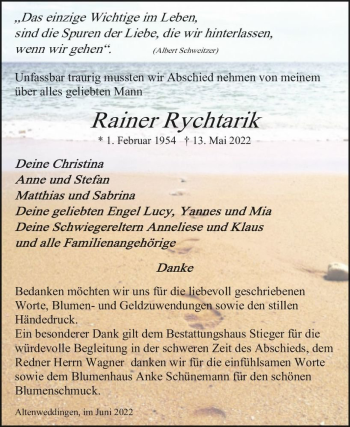 Traueranzeige von Rainer Rychtarik  von Magdeburger Volksstimme