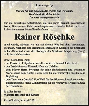 Traueranzeige von Rainer Röschke  von Magdeburger Volksstimme