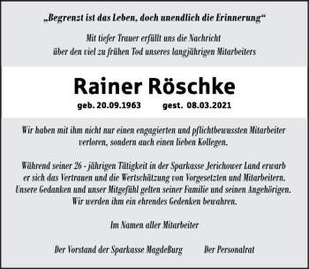 Traueranzeige von Rainer Röschke  von Magdeburger Volksstimme