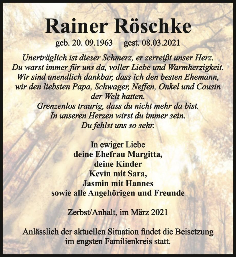  Traueranzeige für Rainer Röschke  vom 27.03.2021 aus Magdeburger Volksstimme