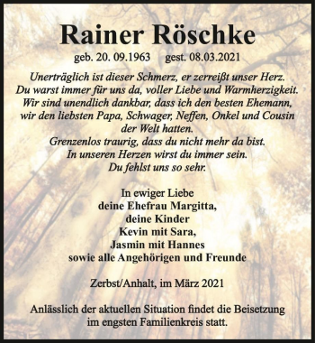 Traueranzeige von Rainer Röschke  von Magdeburger Volksstimme