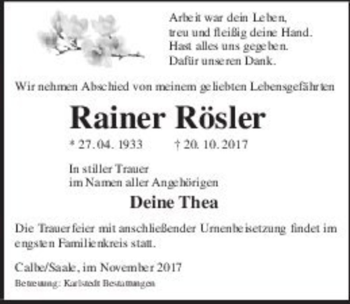 Traueranzeige von Rainer Rösler  von Magdeburger Volksstimme