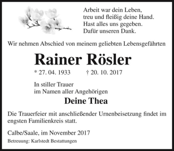 Traueranzeige von Rainer Rösler  von Magdeburger Volksstimme