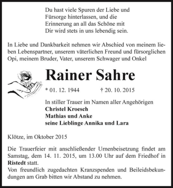 Traueranzeige von Rainer Sahre  von Magdeburger Volksstimme