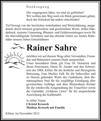 Traueranzeige von Rainer Sahre  von Magdeburger Volksstimme
