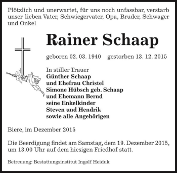 Traueranzeige von Rainer Schaap  von Magdeburger Volksstimme