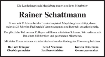Traueranzeige von Rainer Schattmann  von Magdeburger Volksstimme