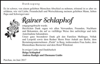 Traueranzeige von Rainer Schlaphof  von Magdeburger Volksstimme