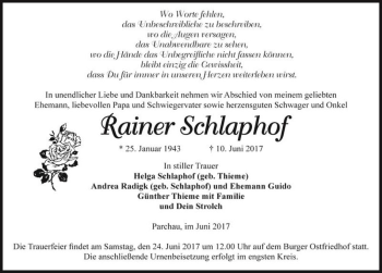 Traueranzeige von Rainer Schlaphof  von Magdeburger Volksstimme