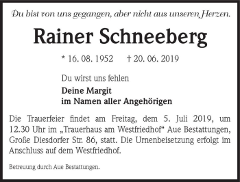 Traueranzeige von Rainer Schneeberg  von Magdeburger Volksstimme