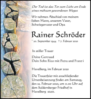 Traueranzeige von Rainer Schröder  von Magdeburger Volksstimme