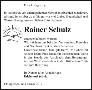 Traueranzeige von Rainer Schulz  von Magdeburger Volksstimme