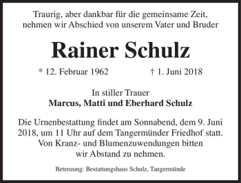 Traueranzeige von Rainer Schulz  von Magdeburger Volksstimme