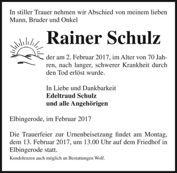 Traueranzeige von Rainer Schulz  von Magdeburger Volksstimme