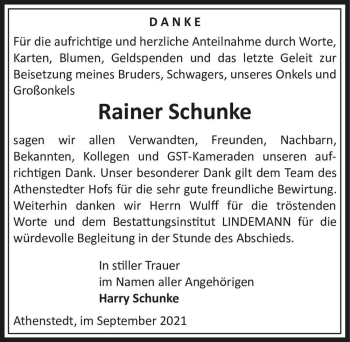 Traueranzeige von Rainer Schunke  von Magdeburger Volksstimme
