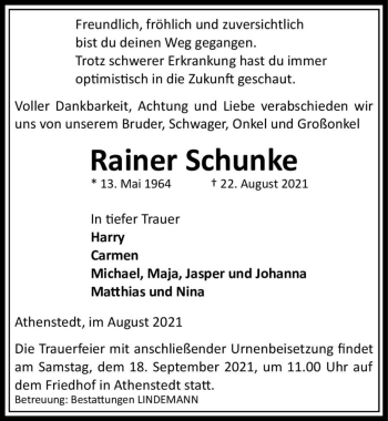 Traueranzeige von Rainer Schunke  von Magdeburger Volksstimme