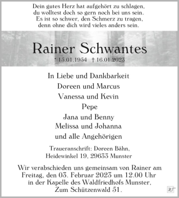 Traueranzeige von Rainer Schwantes  von Magdeburger Volksstimme
