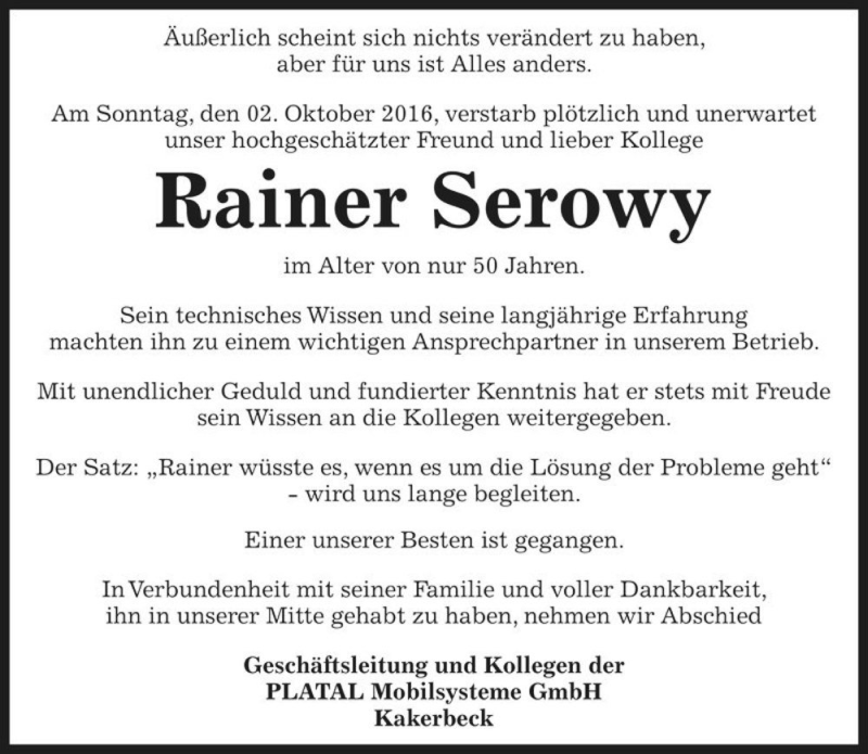  Traueranzeige für Rainer Serowy  vom 07.10.2016 aus Magdeburger Volksstimme